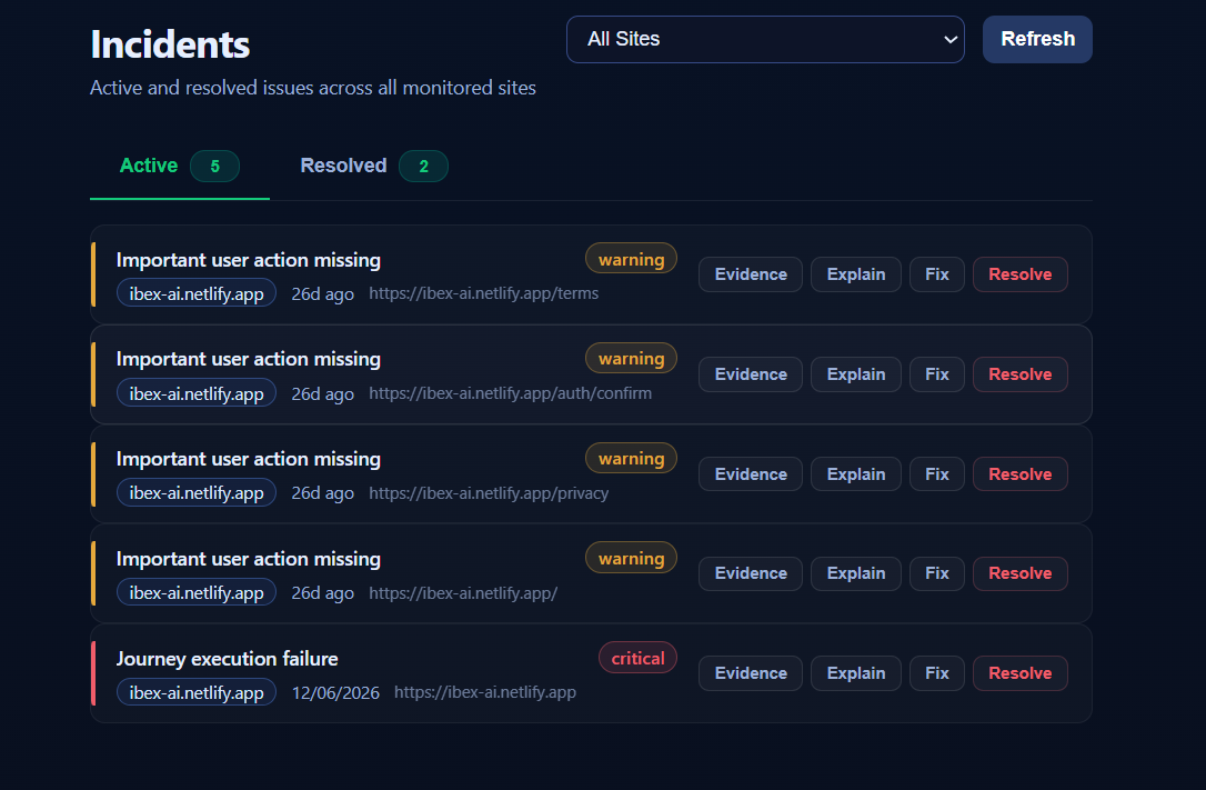 An incident with evidence and Explain / Fix with AI