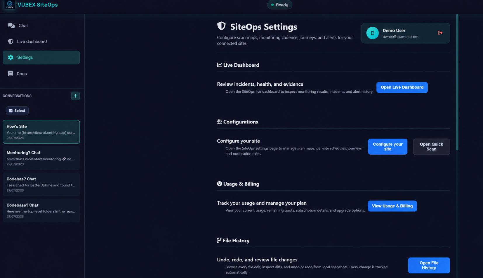 The SiteOps Settings screen