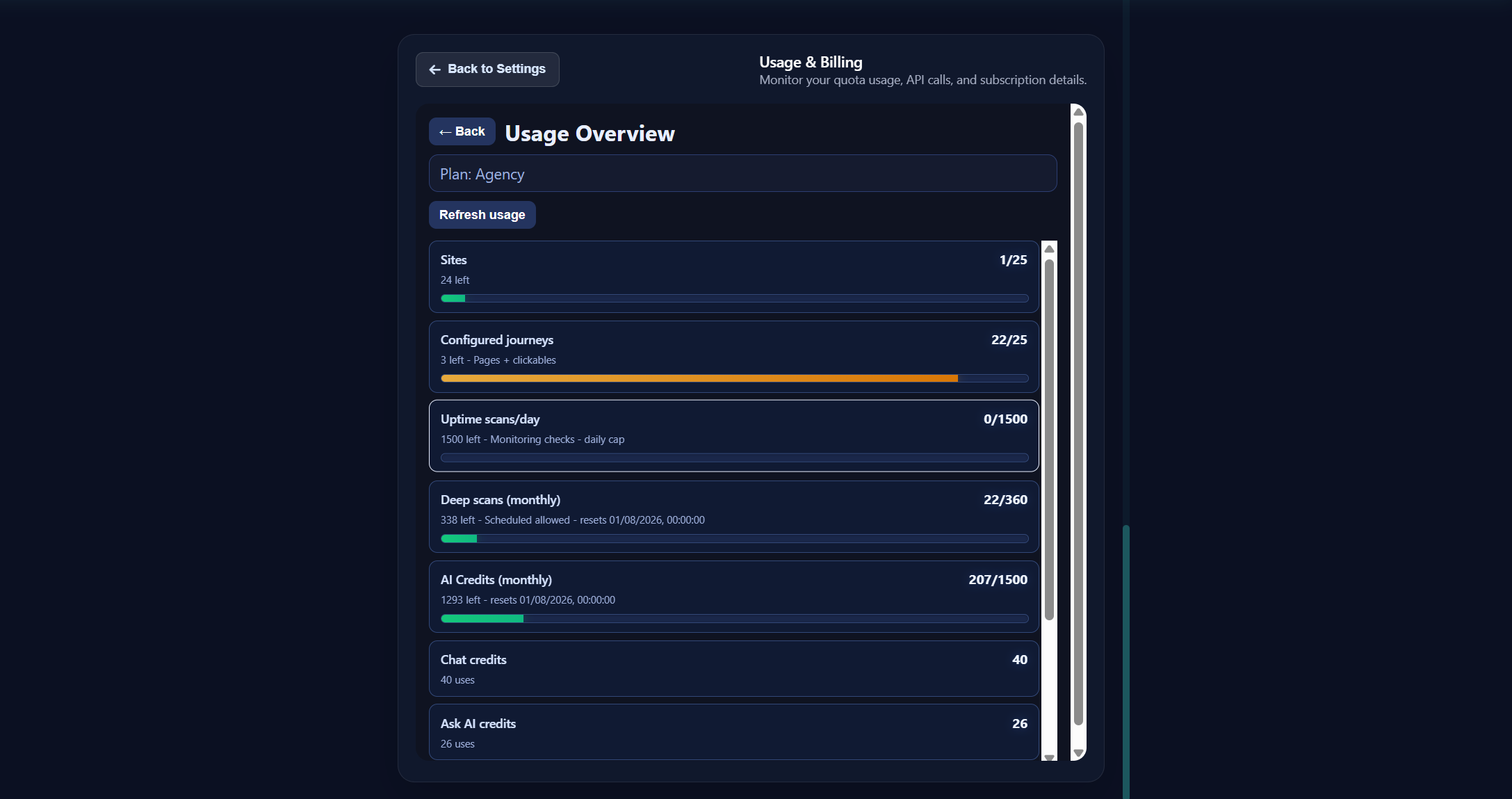 The Settings Usage overview